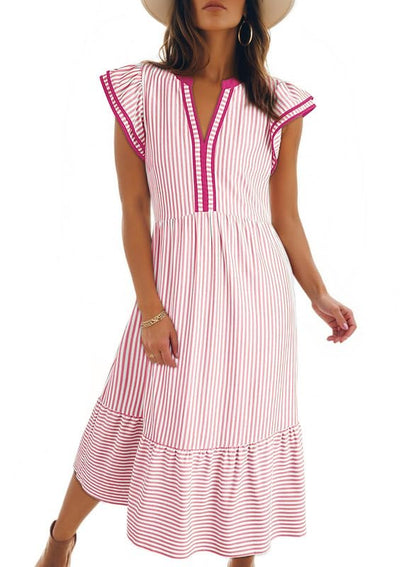 💐2026 SPRING SALE - 60% OFF!🔥 V-Neck Ruffle Striped Beach Midi Maxi Dress with Pockets