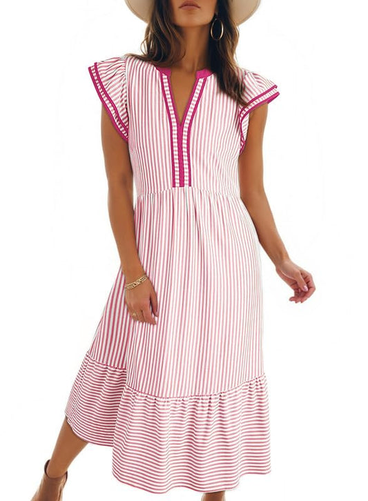 💐2026 SPRING SALE - 60% OFF!🔥 V-Neck Ruffle Striped Beach Midi Maxi Dress with Pockets