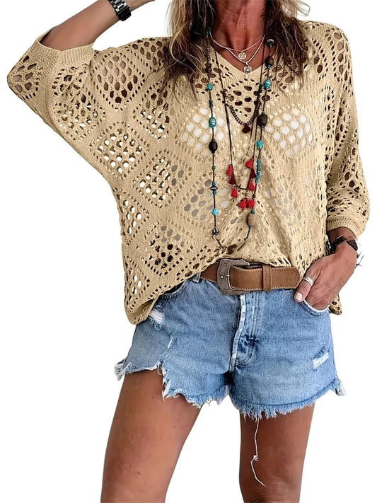 ⏰Last day sale 60% OFF🔥Hot Sale-Womens Bohemian-Inspired Beige Crochet Top with V-Neck