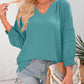 ⏰Limited time sale 50% Off!!🔥Womens 3/4 Lantern Sleeve Casual V-Neck T-Shirts Pleated Loose Hollow-Out Blouse