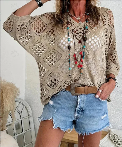 ⏰Last day sale 60% OFF🔥Hot Sale-Womens Bohemian-Inspired Beige Crochet Top with V-Neck