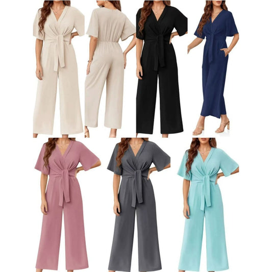 ⏰HOT SALE 49% OFF!!💐💖Women's Elegant V-Neck Wide Leg Waist Tie Jumpsuit