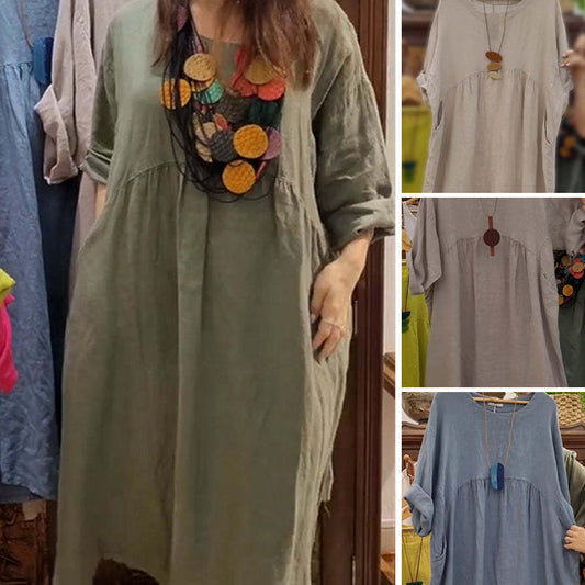 ⏰Limited Time Sale 61%OFF💃Women's Casual Loose Round Neck Solid Color Dress with 3/4 Sleeves & Pockets