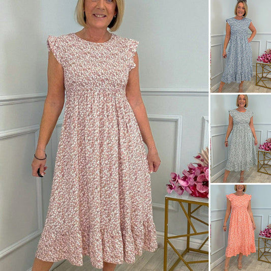 🎉Summer Promotion 48% OFF💃Women's Elegant Floral Print High-Waisted Ruffle Cap Sleeve Dress