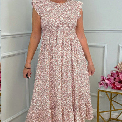 🎉Summer Promotion 48% OFF💃Women's Elegant Floral Print High-Waisted Ruffle Cap Sleeve Dress
