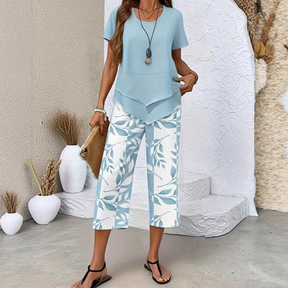 🔥 🔥 Now On Sale  50% OFF!🌸 Casual Round Neck Layered Tunic Top & Wide Leg Pants Set🌸