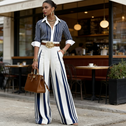 📢📢50% OFF !! ⏰✨ Women's Striped Shirt & Wide-Leg Pants 2-Piece Set👖