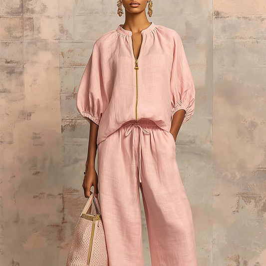 👚 50% OFF! 👖 Women's Solid Color 2-Piece Casual Tracksuit Set-Puff Sleeve, Wide Leg, Zipper Detail ✨