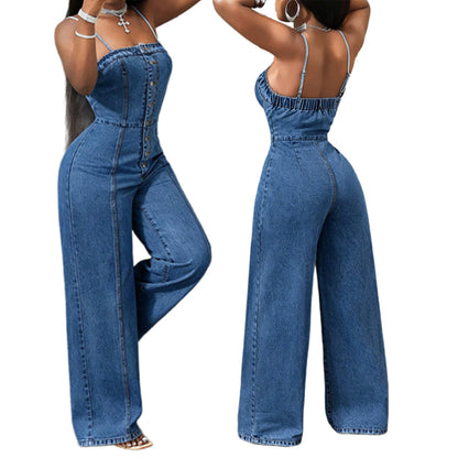 🥳2026 HOT SALE🥳 50% OFF!  🎁Women Spaghetti Strap Wide Leg Denim Jumpsuit